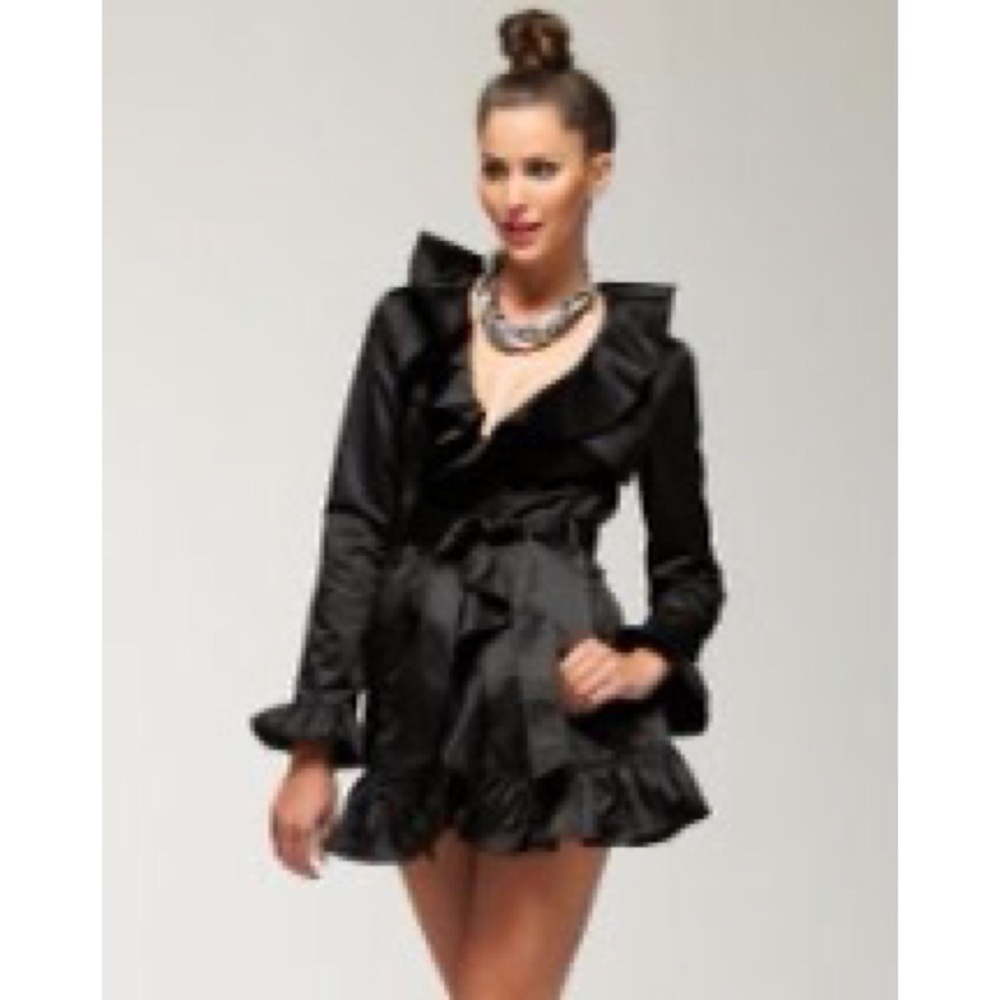Bebe Black Ruffle Detail Trench Coat